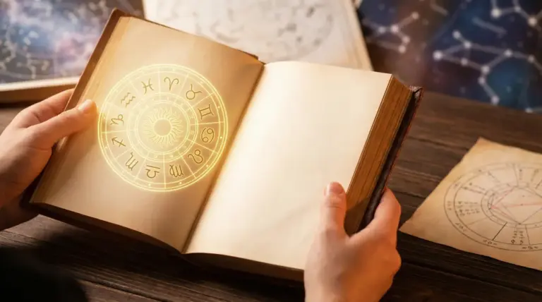 Una persona sfoglia un libro antico con simboli zodiacali illuminati