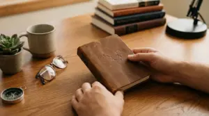 Persona che tiene in mano un libro con una costellazione sulla copertina, su una scrivania.