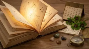 Libro aperto con costellazioni zodiacali, calendario, quadrifogli e bussola su tavolo di legno