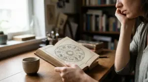 Persona che osserva un libro aperto con simboli zodiacali su un tavolo