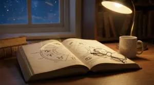 Libro aperto con simboli zodiacali su una scrivania illuminata da una lampada da tavolo