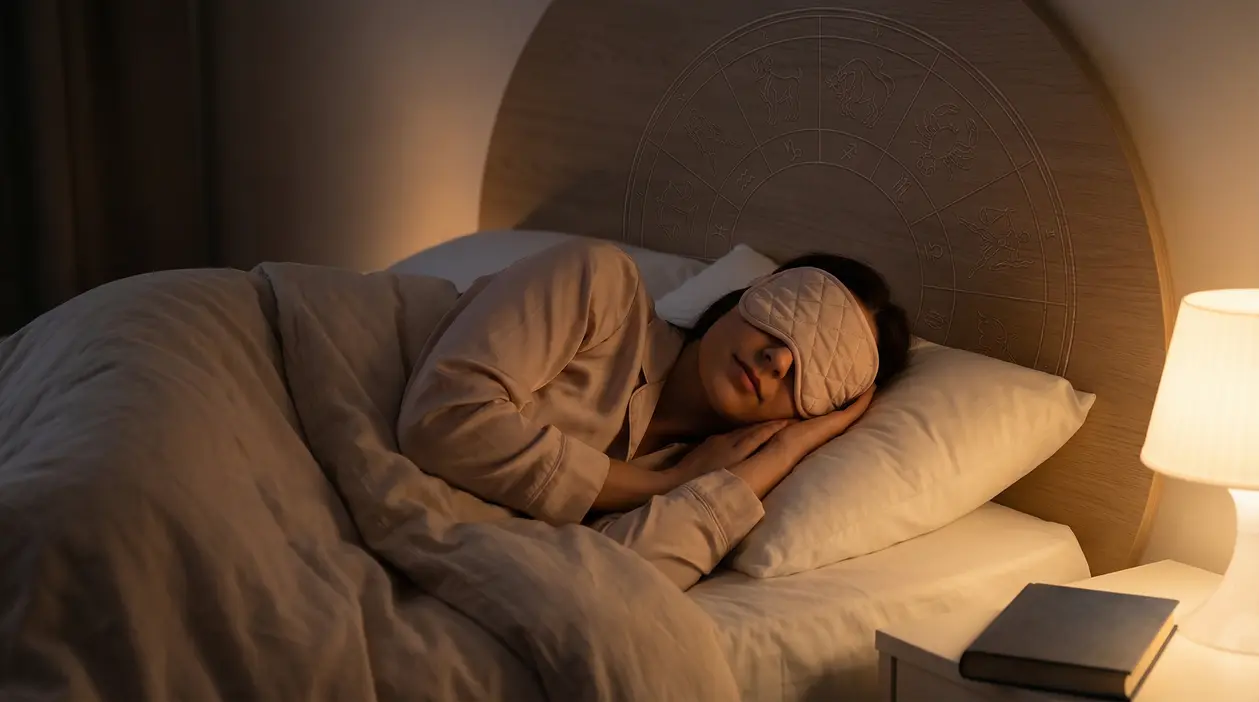 Persona che dorme con mascherina in un letto, con simboli zodiacali sulla testiera