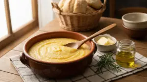 Ciotola di polenta cremosa con cucchiaio di legno su tavolo rustico