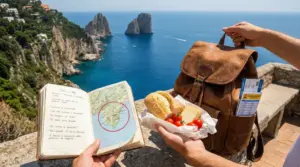 Zaino da viaggio, guida e cibo locale con vista sui Faraglioni di Capri