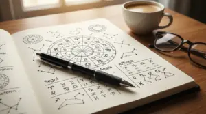 Quaderno aperto con simboli zodiacali, una penna, occhiali e una tazza di caffè su un tavolo di legno