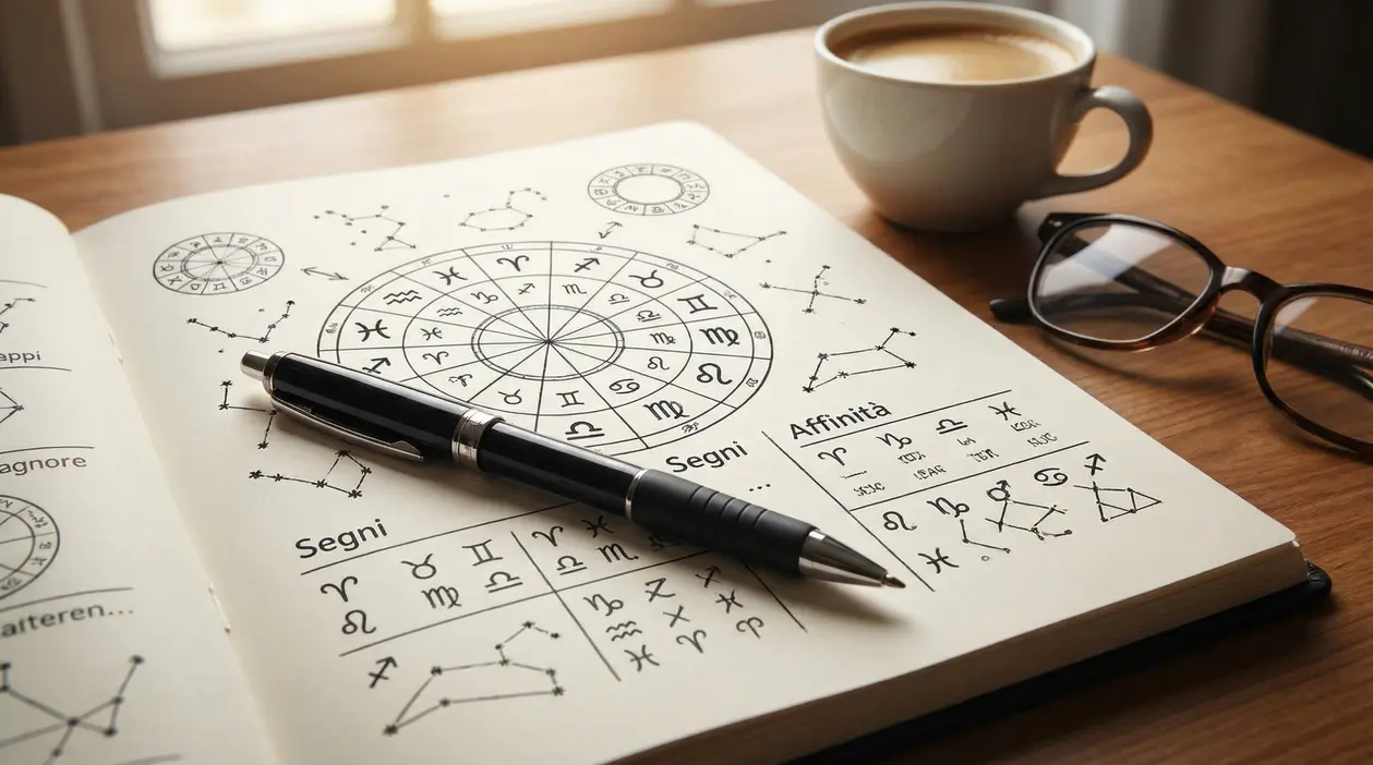 Quaderno aperto con simboli zodiacali, una penna, occhiali e una tazza di caffè su un tavolo di legno