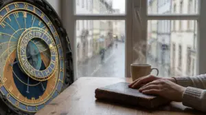 Mani poggiate su un vecchio libro accanto a una tazza, con orologio zodiacale e pioggia fuori dalla finestra
