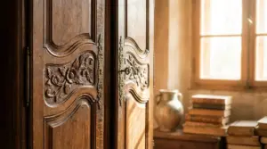 Dettaglio di un vecchio armadio in legno intagliato con maniglie decorative, illuminato dalla luce di una finestra