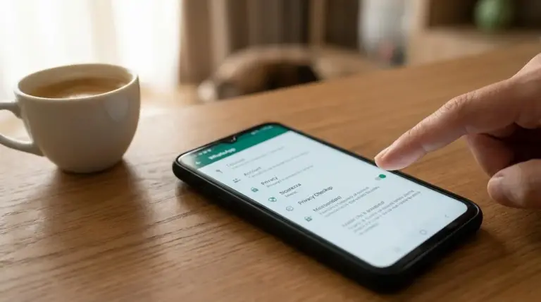 Mano che attiva un'impostazione privacy su WhatsApp da smartphone appoggiato su un tavolo accanto a una tazza