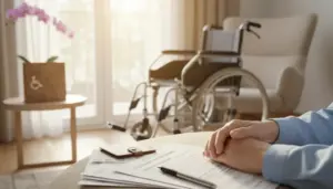 Persona seduta accanto a documenti su indennità e una sedia a rotelle sullo sfondo