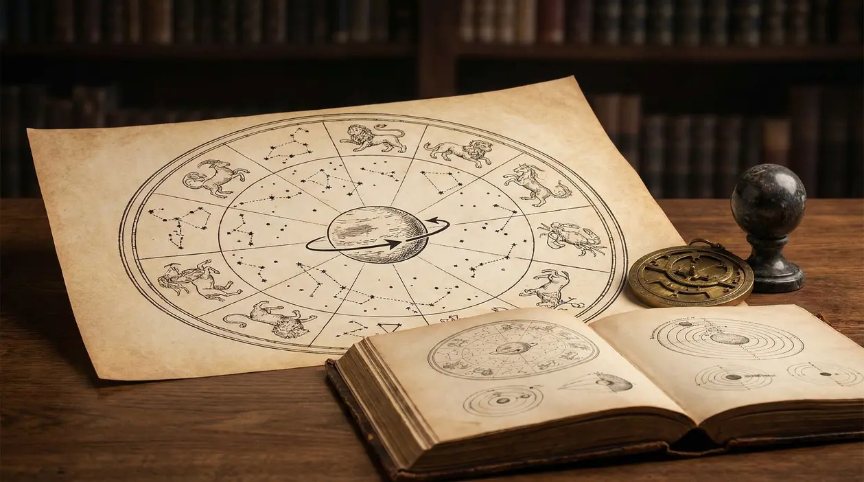 Illustrazione astrologica con segni zodiacali, un libro antico e uno strumento astronomico su un tavolo