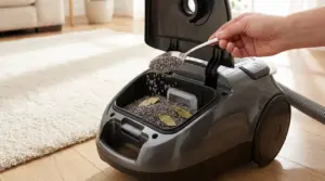 Una mano versa erbe profumate all'interno di un aspirapolvere aperto