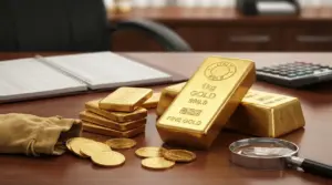 Lingotti e monete d’oro fisico su una scrivania con calcolatrice e taccuino, per valutare un investimento