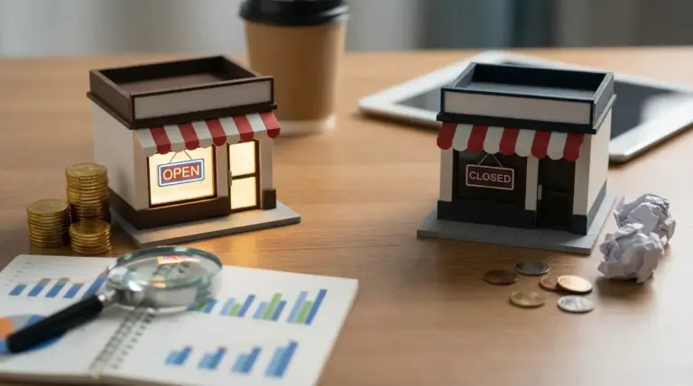 Due modellini di negozi, uno aperto con monete e uno chiuso con fogli accartocciati