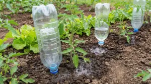 Bottiglie di plastica usate per irrigazione automatica tra piante nell'orto