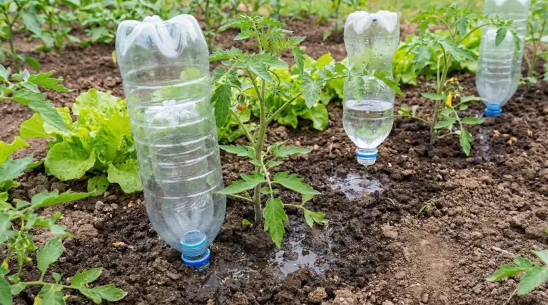 Bottiglie di plastica usate per irrigazione automatica tra piante nell'orto