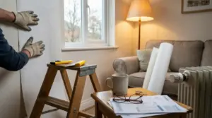Una persona applica materiale isolante su una parete interna di una casa accanto a un termosifone