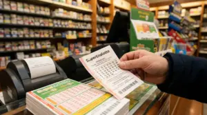 Mano che mostra una schedina del Superenalotto in una ricevitoria, accanto al terminale di gioco