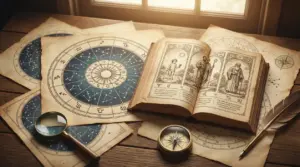 Vecchi diagrammi astrologici, libro antico e strumenti su un tavolo di legno