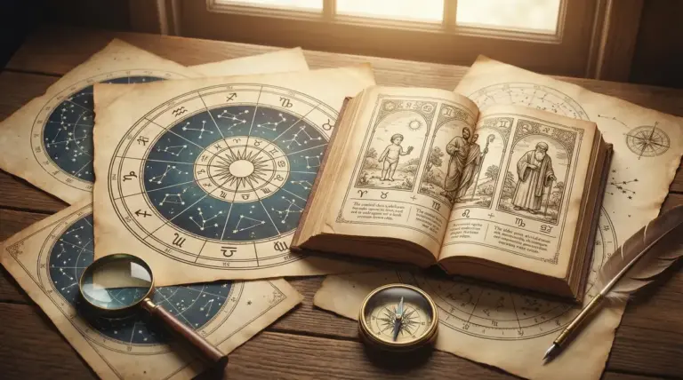 Vecchi diagrammi astrologici, libro antico e strumenti su un tavolo di legno