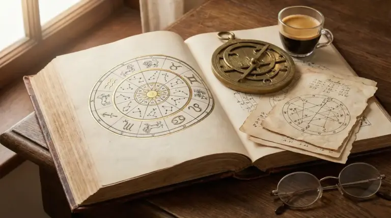 Libro aperto con simboli zodiacali, fogli astrologici, astrolabio e tazzina di caffè su un tavolo