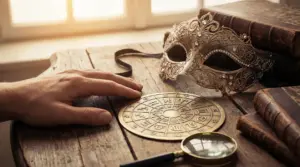 Mano vicino a una ruota zodiacale in metallo, maschera decorativa e libri antichi su un tavolo.