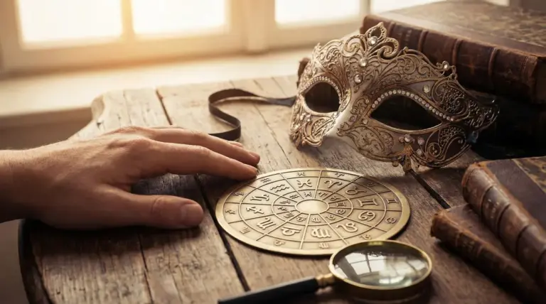 Mano vicino a una ruota zodiacale in metallo, maschera decorativa e libri antichi su un tavolo.