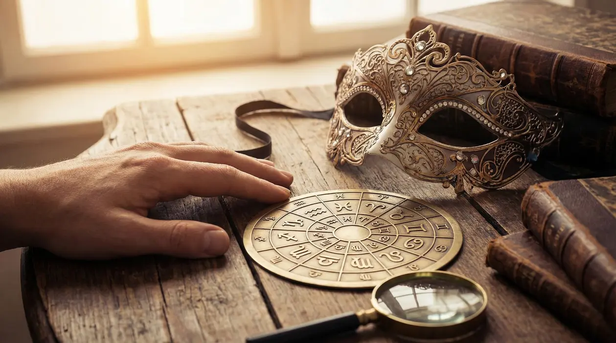 Mano vicino a una ruota zodiacale in metallo, maschera decorativa e libri antichi su un tavolo.