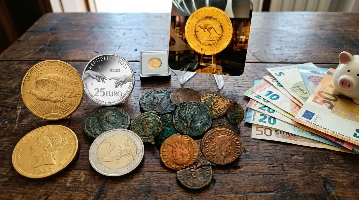 Monete antiche e da collezione accanto a banconote in euro su un tavolo, con salvadanaio sullo sfondo