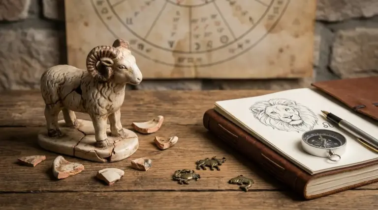 Oggetti zodiacali su un tavolo tra cui una statua di ariete, schizzi e simboli astrologici