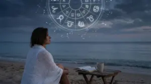 Persona seduta sulla spiaggia al tramonto con simboli zodiacali sovrapposti nel cielo