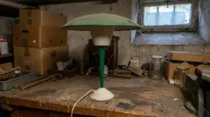 Lampada da tavolo vintage anni ’60 su banco da lavoro in cantina polverosa, con scatole e barattoli sullo sfondo