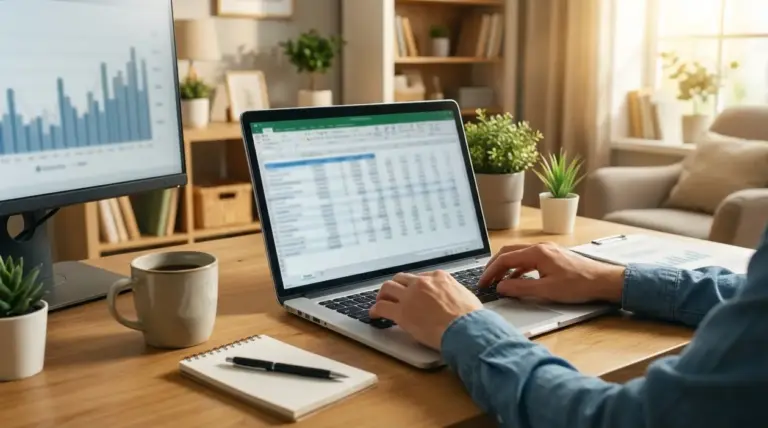 Persona che lavora al laptop con foglio di calcolo in un home office, con grafici su un monitor e tazza di caffè