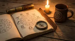 Libro antico con simboli zodiacali, bussola, candela accesa e tazza su tavolo in legno