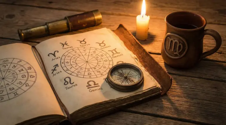 Libro antico con simboli zodiacali, bussola, candela accesa e tazza su tavolo in legno