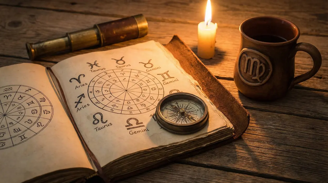 Libro antico con simboli zodiacali, bussola, candela accesa e tazza su tavolo in legno