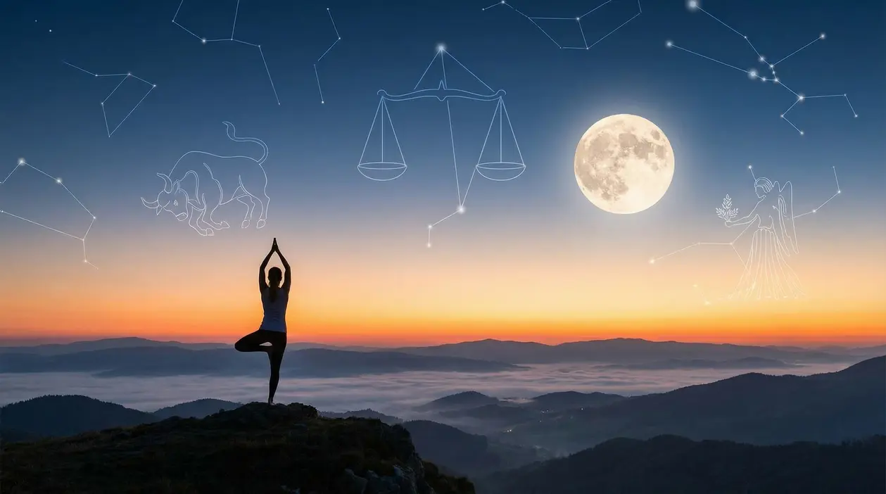 Persona in equilibrio su una montagna al tramonto con costellazioni e luna piena sullo sfondo