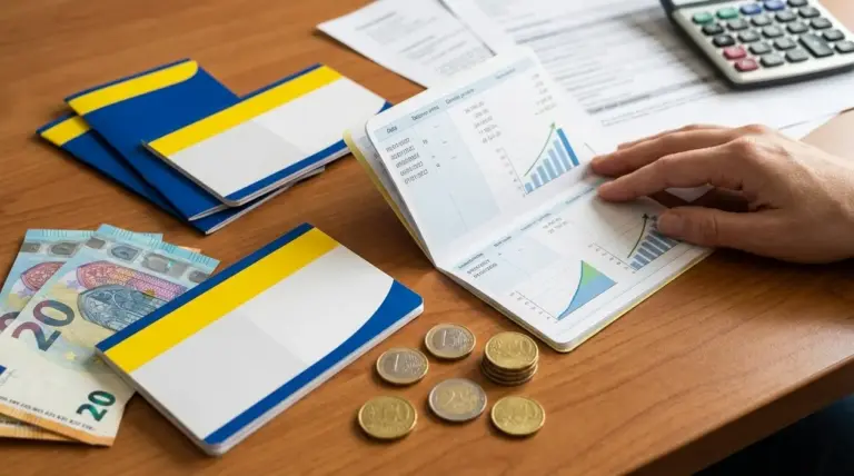 Libretto di risparmio aperto con grafici di crescita, euro in banconote e monete su una scrivania