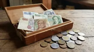 Banconote e monete in lire italiane in una vecchia scatola di legno su un tavolo