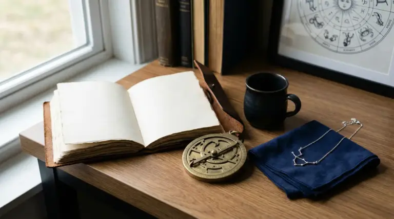 Tavolo con oggetti legati all'astrologia, tra cui un libro aperto, un astrolabio e un quadro zodiacale