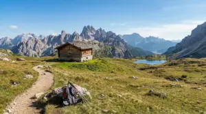 Sentiero di montagna con rifugio in legno, vista su lago alpino e cime rocciose