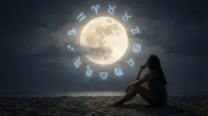 Persona seduta sulla spiaggia osserva la Luna piena circondata dai simboli zodiacali.