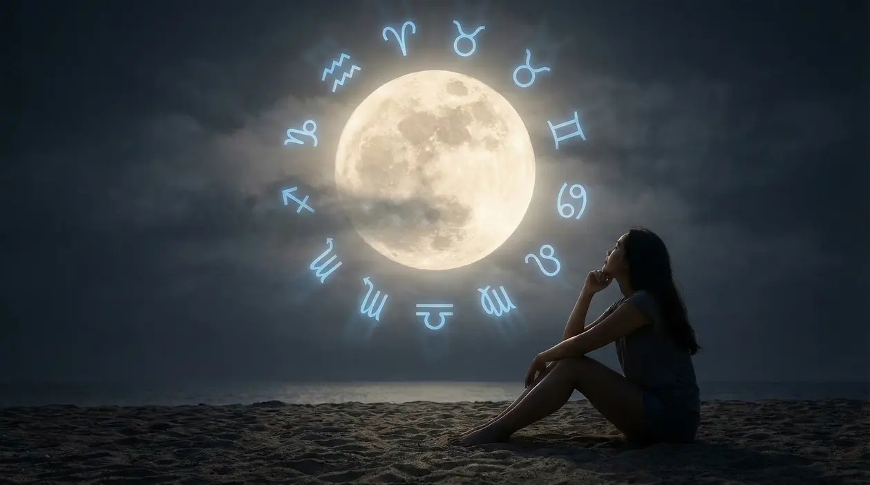 Persona seduta sulla spiaggia osserva la Luna piena circondata dai simboli zodiacali.