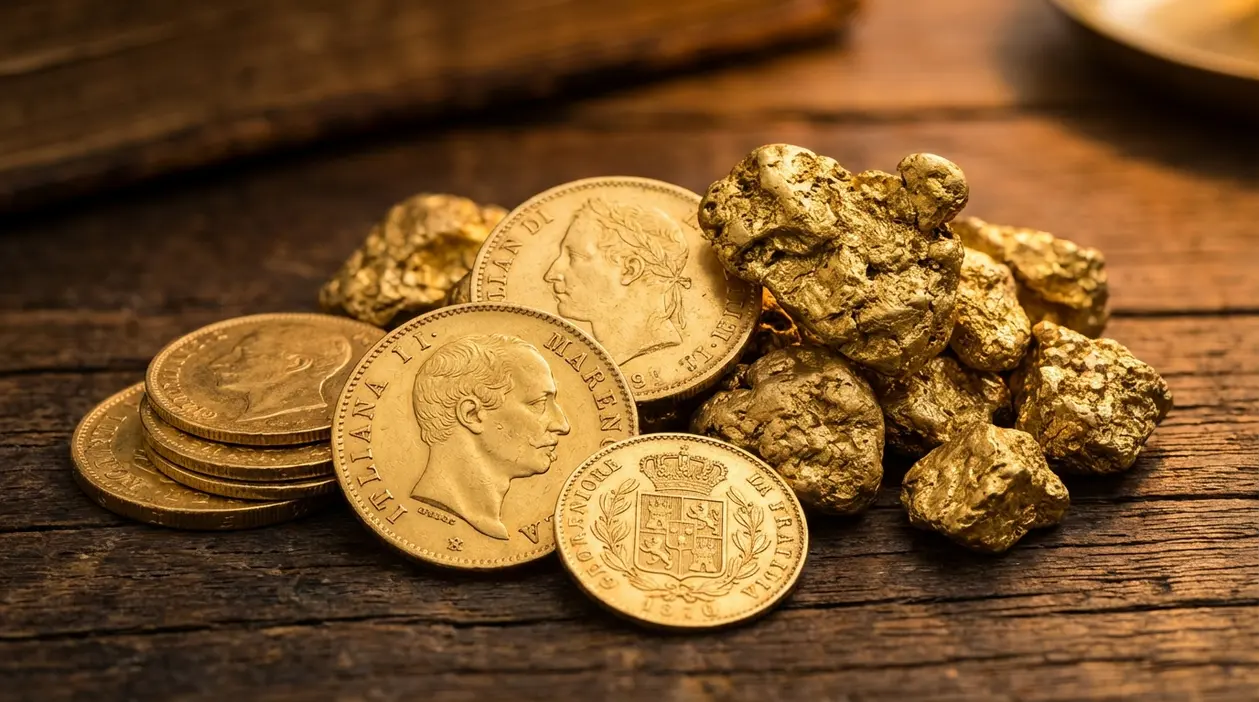 Monete d’oro tipo marengo e pepite d’oro su tavolo in legno, riferimento al valore al grammo