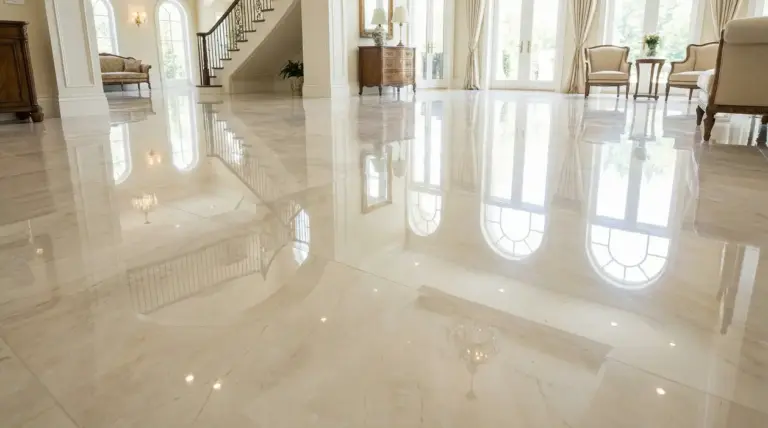 Pavimento in marmo lucido in un elegante salone con arredamento classico