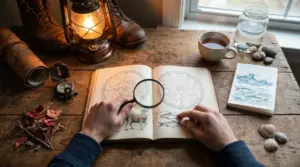 Persona osserva una mappa astrologica con simboli di Ariete e Pesci su un libro antico