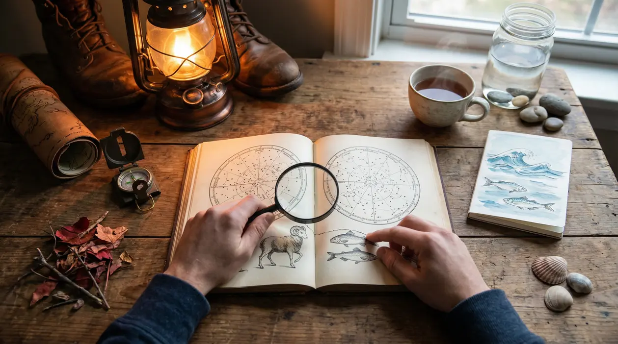 Persona osserva una mappa astrologica con simboli di Ariete e Pesci su un libro antico