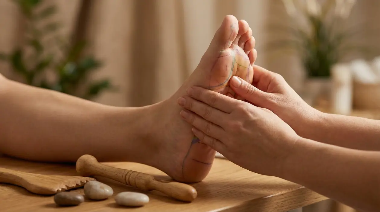 Mani che massaggiano un piede con indicazioni colorate per la riflessologia plantare