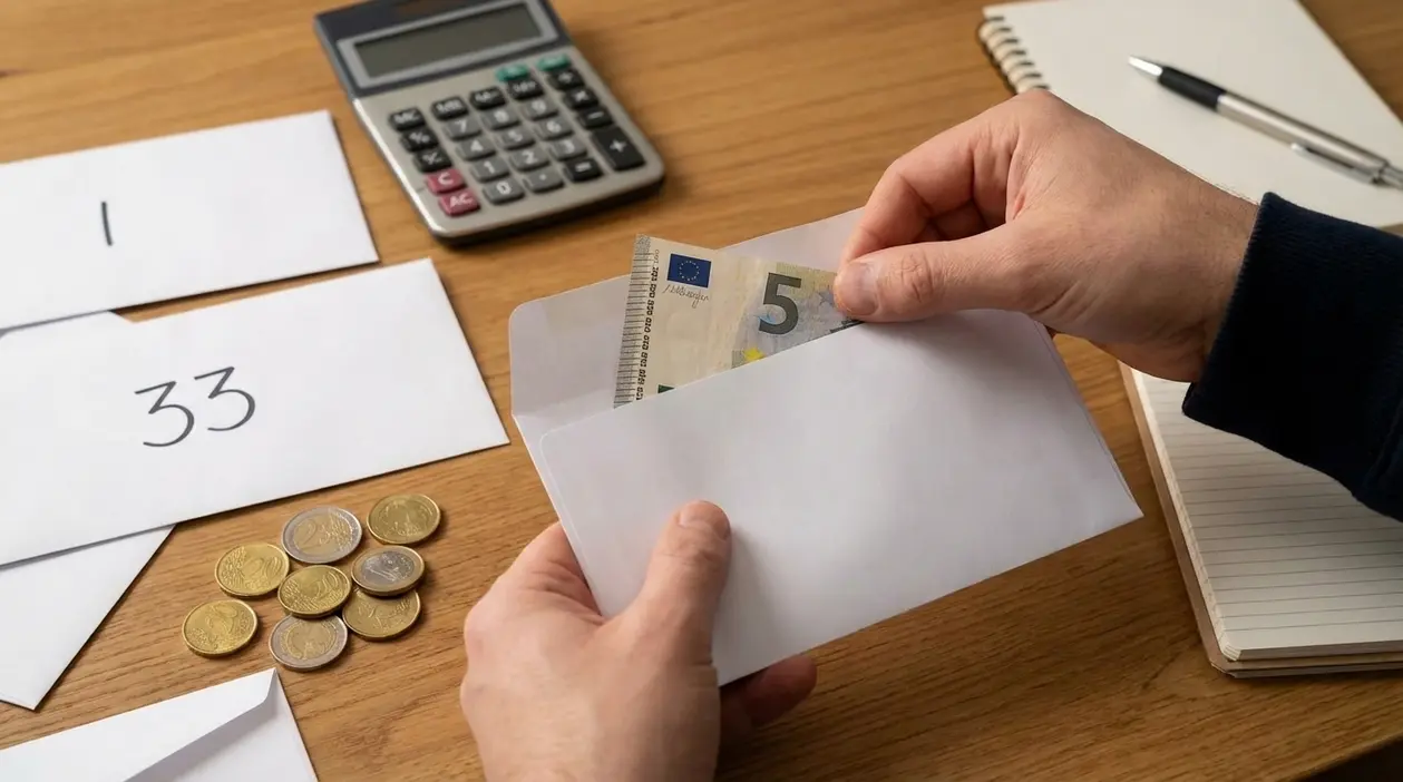 Mani che inseriscono una banconota da 5 euro in una busta su un tavolo con calcolatrice, monete e quaderno