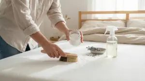 Persona che pulisce un materasso con bicarbonato e spazzola in una camera da letto luminosa